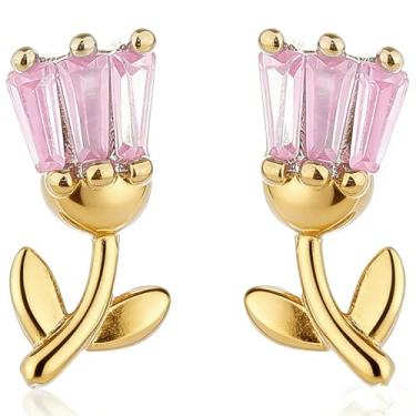 Imagem de Lindos brincos pequenos de flor de tulipa rosa prata esterlina 925 minúsculas flores rosas delicadas banhado a ouro 14 k cristal zircão brincos de lírio brinco de joia diária presente para mulheres