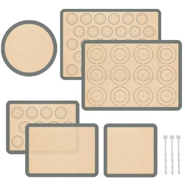 Imagem de Conjunto de 6 tapetes de silicone, assadeiras reutilizáveis antiaderentes e seguras para alimentos para macarons, biscoitos, pizza, pão e pastelaria, suprimentos para forno