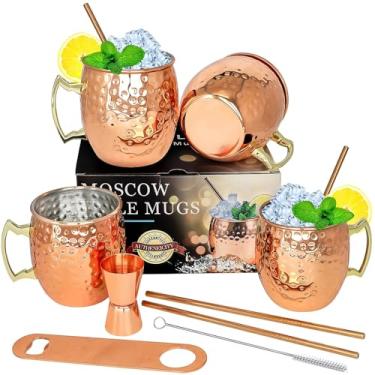 Imagem de LINALL Canecas de cobre Moscow Mule - Conjunto de 4 canecas de aço inoxidável banhadas a cobre 510 g, para bebidas geladas (4 peças)