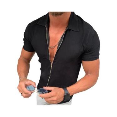 Imagem de Camisa Masculina Slim Fit Com Zíper E Manga Curta, Casual De Negócios 