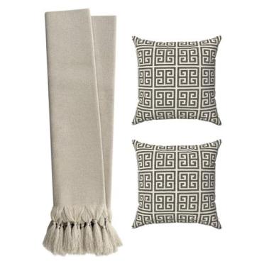Imagem de Kit Manta Xale Para Sofá Luxo Bege Cru + 2 Capas De Almofadas - Tmdeco