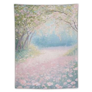 Imagem de Tapeçaria de caminho floral rosa primavera, pintura a óleo exuberante prado de árvore para parede, decoração de jardim sazonal suave para sala de estar, quarto, decoração de arte delicada da natureza