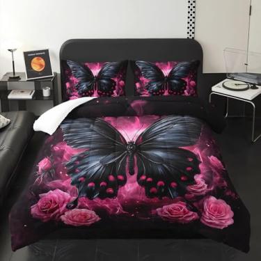 Imagem de lneffble Jogo de cama king de borboleta preta, rosa rosa, com 1 edredom com 2 fronhas, decoração de quarto de borboleta gótica para quarto de meninas