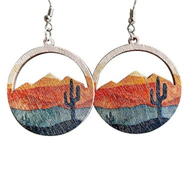 Imagem de Brincos com pingente de montanha de neve de madeira da natureza vaqueira ocidental padrão de árvore de gancho de lágrima oco para mulheres meninas declaração cowboy joias ao ar livre, Madeira, madeira