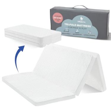 Imagem de Protetor de colchão impermeável Pack and Play - 96,5 cm x 66 cm | Estilo de três dobras - Espuma de pelúcia macia respirável - Topper de colchão de playard portátil - Colchões de espuma de bebê para