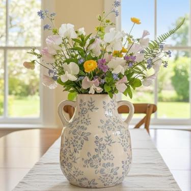 Imagem de Vaso de cerâmica vintage, vaso decorativo floral chinoiserie azul e branco, rústico, retrô, grande, com acabamento rachado, para casa de fazenda, com alça para flores, decoração de casa, sala de estar