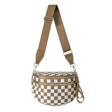 Imagem de TRMFUSA Bolsa tiracolo quadriculada para mulheres, grande, de nylon, pochete com alça de ombro ajustável, Xadrez caramelo claro
