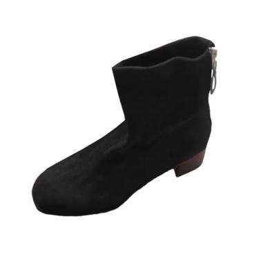 Imagem de Botas femininas casuais no tornozelo com bico quadrado e salto grosso, material semelhante à camurça para o estilo de inverno, Preto, 36
