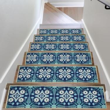 Imagem de Tapete antiderrapante para degraus de madeira padrão margarida azul tapetes resistentes a corredores de borracha tapetes de segurança para cães, crianças e idosos, aderência de escada