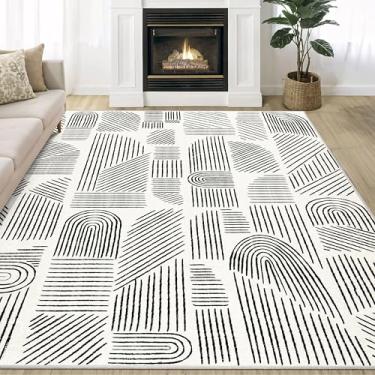 Imagem de MUJOO Tapete lavável de 12 x 18 cm, moderno de meados do século, tapete antiderrapante, tapete branco e preto para sala de estar, quarto, sala de jantar