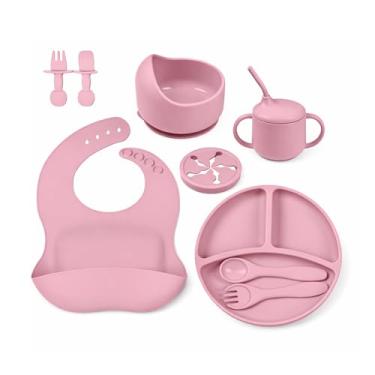 Imagem de Kit de Alimentação para Bebê 8 Peças em Silicone Livre de BPA, com Ventosa Antiderrapante, Prato Divisório e Babador, Presente para Introdução Alimentar(Rosa)