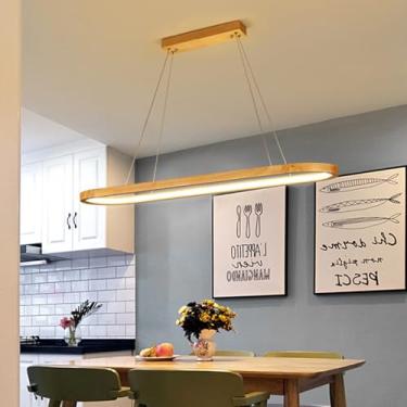 Imagem de Luminária pendente de madeira com LED, dimerizável, formato oval, 3000-6500K, estilo lustre moderno para sala de jantar, sala de estar, escritório, com controle remoto (madeira, 90cm de comp
