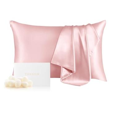 Imagem de THXSILK Fronha de seda 100% amoreira para cabelo e pele, zíper oculto, ambos os lados grau 6A+ seda, fronha de seda orgânica tamanho padrão 50 x 66 cm, 1 peça, rosa claro