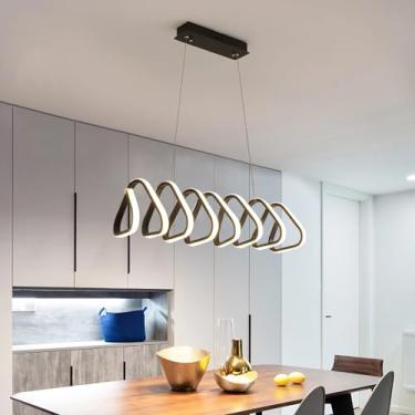 Imagem de Luminária pendente LED preta para sala de jantar, com intensidade regulável e controle remoto. Design moderno e alongado, ideal para mesa de jantar, escritório, loja ou sala de estudos. Cúpu