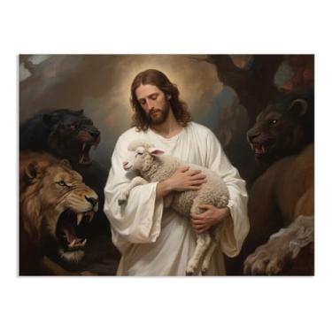 Imagem de Pôster Jesus Rei Leão Impressão Pinturas Religiosas em Tela Leão de Judá Cordeiro de Deus Arte de Parede para Sala de Estar Igreja Decoração de Parede 80 x 60 cm (32 x 24 polegadas) Sem Moldura
