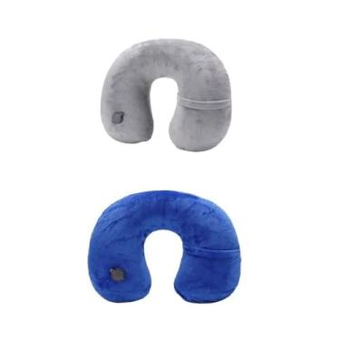 Imagem de Almofada de pescoço inflável para viagem, almofada de pelúcia macia e ajustável para o pescoço, fronha lavável (cinza)