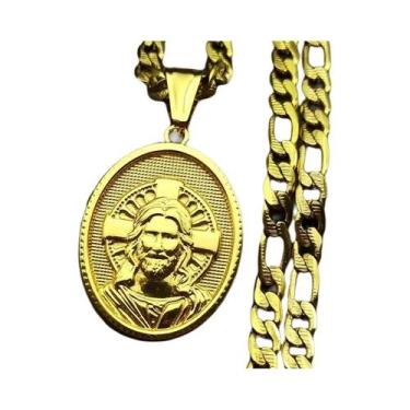 Imagem de Colar Masculino Em Aço Inoxidável Cor Dourada Medalha Crucifixo Coroa 