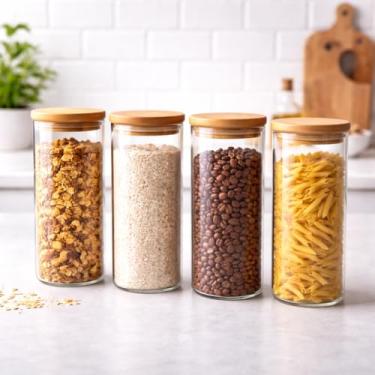 Imagem de Potes de Vidro com Tampa de Bambu para Armazenamento de Alimentos, Conjunto de 4 Recipientes Herméticos para Cozinha, Organizadores Transparentes para Mantimentos
