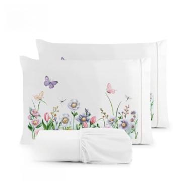 Imagem de Kit Jogo De Cama Lençol Liso Fronha Estampada Micropercal 400 Fios Ponto Palito(Borboleta Lençol Branco,Casal Queen 03 Peças)