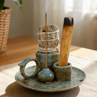 Imagem de Tnstbiee Porta-queimador Palo Santo de cerâmica azul 4 em 1 – Pequeno queimador de incenso e bandeja para manchas de incenso/cones e sálvia - ideal para salas de meditação, aromas zen e aromáticos
