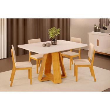 Imagem de Conjunto: Mesa Sala Jantar Celeste c/ Tampo Madeirado c/ Vidro Curvo 120x90cm e 4 Cadeiras Talia Cedro/Off White - Suede Creme - DJ Móveis