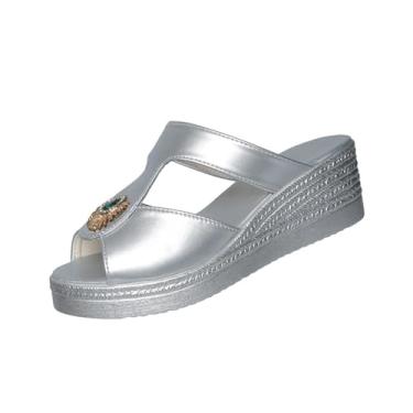 Imagem de Sandálias femininas de strass com salto plataforma de design aberto para uso casual moderno, Prata, 35