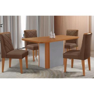 Imagem de Conjunto: Mesa Sala Jantar Pietá Tampo Curvo 120cm+4 Cadeiras Pietá Madeira Naturale/Off White - Capuccino/Suede Marrom - Rufato