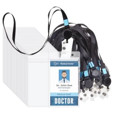 Imagem de SUPERFINDINGS 60 conjuntos de cordões com suporte para identidade, plástico transparente, porta-cartões de identificação horizontais, cordões pretos com carretel retrátil para crachá e cartão vertical
