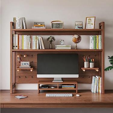 Imagem de EESHHA Estante de mesa de mesa de madeira maciça para computador – estante de mesa de 2 camadas para mesa de computador, prateleira de madeira multiuso, prateleira organizadora de prateleira de