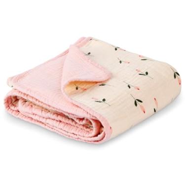 Imagem de Cobertor de musselina para berço, frente e verso para meninas, 102 x 101 cm - Cobertores de colcha com estampa rosa e floral, cobertor macio e respirável para bebês e crianças, hora da soneca/banho