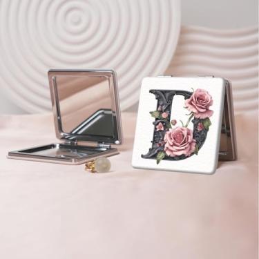 Imagem de Espelho de maquiagem portátil de couro PU retrô europeu com letras florais, mini espelho dobrável de mão dupla face, quadrado para retoque, presente ideal para todas as ocasiões