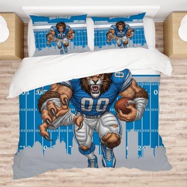 Imagem de Allenjoy Conjunto de edredom Detroit American Football Blue Roar com 2 fronhas para fãs de irmão, filho, quarto de bebê, quarto de bebê, lavável na máquina, tamanho casal
