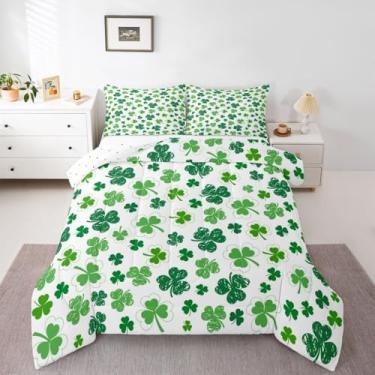 Imagem de Manfei Conjunto de edredom infantil Green Clovers, tamanho casal, para decoração de quarto de meninas e meninos, edredom verde e branco, 2 fronhas