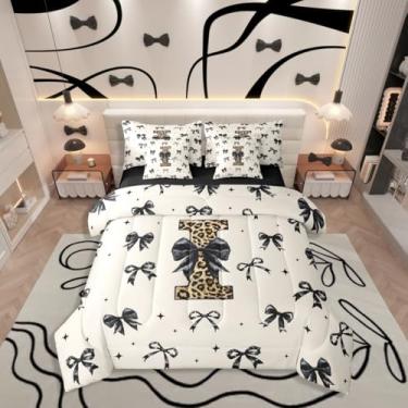 Imagem de Conjunto de cama casal com laço preto, letra I, 7 peças, laço sonhador, estrelas, marrom, com edredom, conjunto de lençol, fronhas e fronhas, decoração de quarto com laço feminino