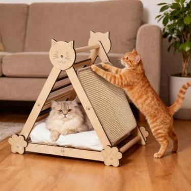 Imagem de Aiwanture Camas para gatos de 53 cm e casa arranhadora de sisal, cama 2 em 1 para gatos internos, grande, durável, poste arranhador, casa de gato resistente de madeira maciça com almofada macia