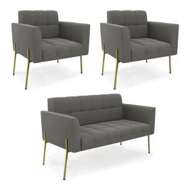 Imagem de Sofá Namoradeira E 2 Poltronas Pé De Ferro Dourado Elisa Suede D03 - D'rossi Cor Grafite