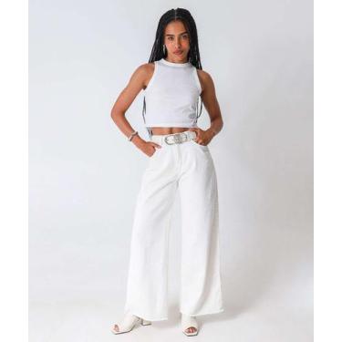 Imagem de Calça Sarja Wide Leg Feminina Strass Off White-04021 - Akiyoshi, 46, O