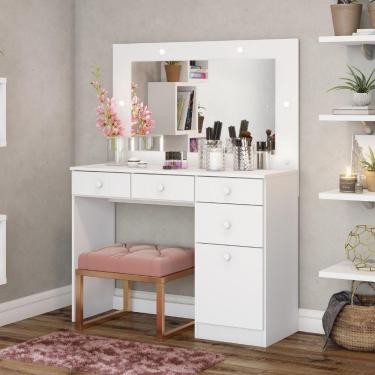 Imagem de Penteadeira Camarim Com Espelho Led 4 Gavetas 1 Porta Magnólia Branco