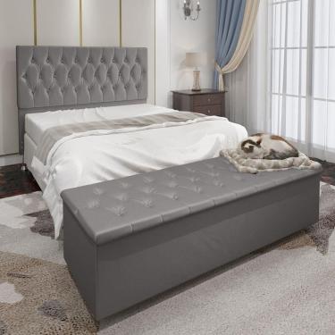 Imagem de Conjunto Cabeceira Casal e Recamier Baú 1,40m Madrid Suede Cinza Dal Poz Estofados