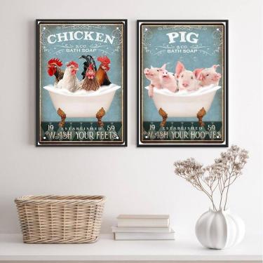 Imagem de Kit 2 Quadros Banheiro Animais Fazenda 24X18Cm - Com Vidro