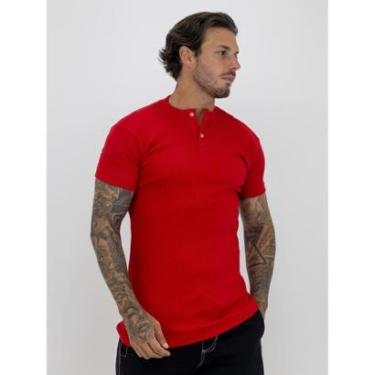 Imagem de Camiseta Slim Canelada Com Botão Lisa Estilo Americano Streetwear Justa ao Corpo Ribana Vermelho-Masculino