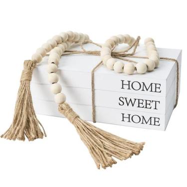 Imagem de Livros decorativos OMISHE White Faux Books com guirlanda de miçangas d