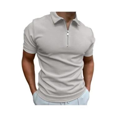 Imagem de Camisa Polo Masculina De Verão Em Cor Sólida Com Zíper E Gola Reversív
