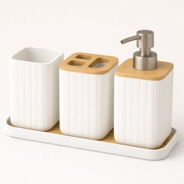 Imagem de Conjunto Premium para Banheiro Bambu Conjunto Para Pia de Banheiro Completo com 4 Peças, Porta Escova de Dentes, Dispenser para Sabonete Liquido, Copo e Bandeija de Bambu (Branco)