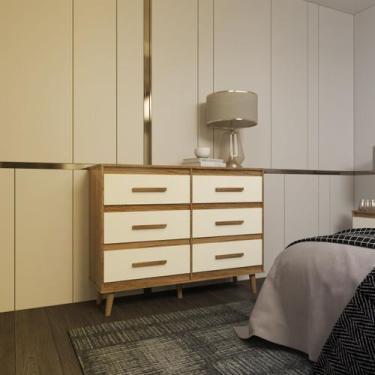 Imagem de Cômoda 6 Gavetas Maya com Puxadores e Pés Retro Design Moderno Quarto 