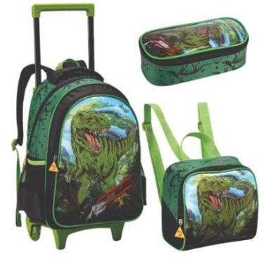 Imagem de Kit Mochila Rodinha Lancheira Estojo Escolar Infantil Menino Dinossauro Denlex-Masculino