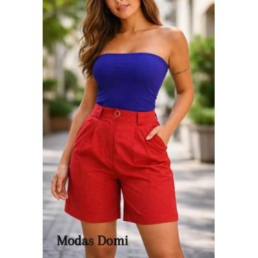 Imagem de Modas Casual Shorts Liso com Bolsos para Mulheres Sem Cinto Linho 136 