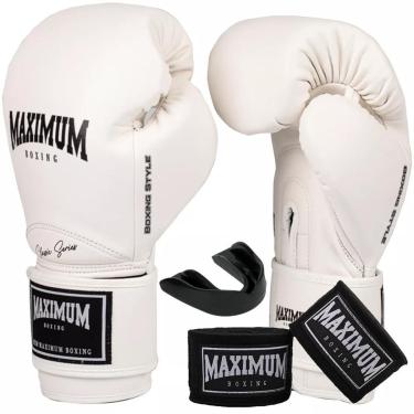 Imagem de Kit Luva De Boxe Muay Thai New Classic Branco + Bandagem 3m + Protetor Bucal - Maximum Boxing-Unissex