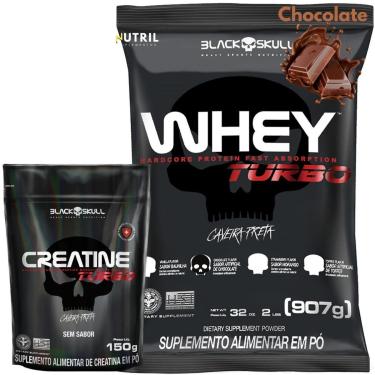 Imagem de Kit Whey Protein Turbo e Creatina Monohidratada 150g Black Skull Ganho de Massa Muscula...