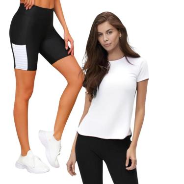 Imagem de Kit Conjunto Camiseta Blusinha DRY + Short Leg Legging COM BOLSOS Corrida Academia Fitn...